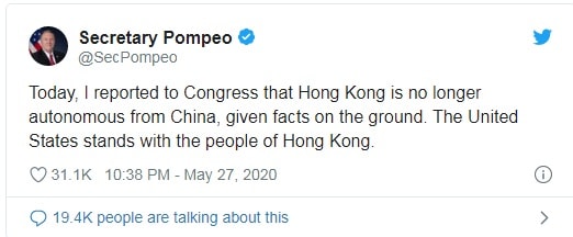 Ngoại trưởng Mike Pompeo thông báo về tình trạng của Hong Kong trên mạng xã hội Twitter - Ảnh: TTNV