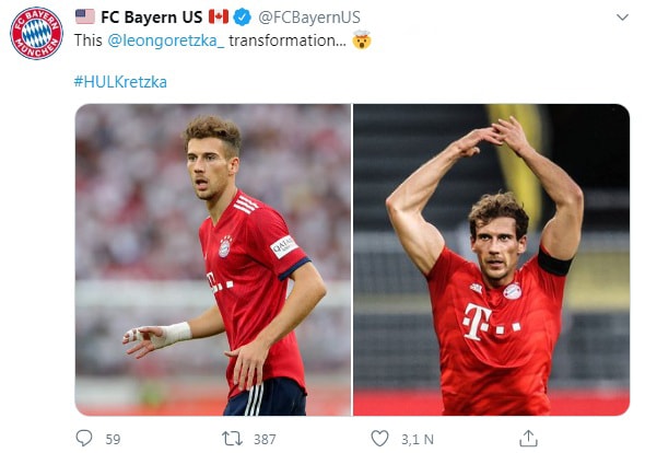 Sự khác biệt lớn về hình thể của Goretzka sau hơn 2 tháng nghỉ thi đấu vì dịch bệnh. Ảnh: twitter (FCBayernUS)