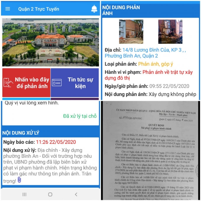 Xây dựng không phép được phản ánh đến UBND quận 2 thông qua kênh trực tuyến, tuy nhiên UBND quận 2 đã lấy thông tin từ Địa chính - Xây dựng phường Bình An để phủ nhận điều người dân phản ánh.