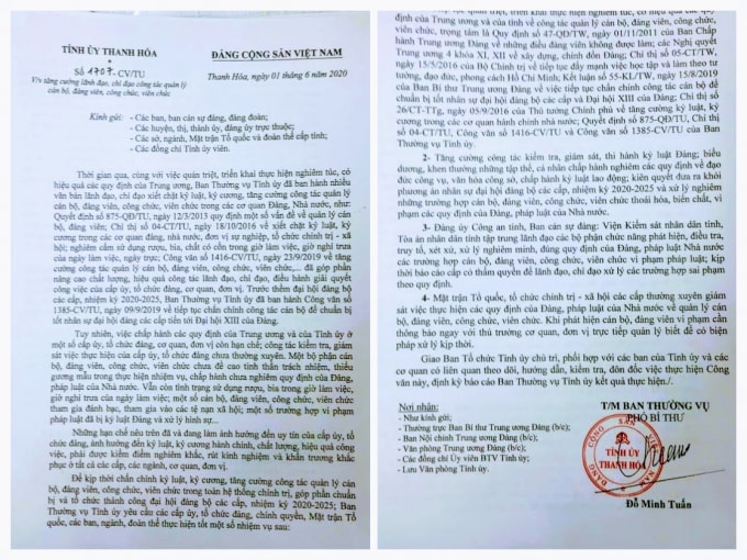 Tỉnh ủy Thanh Hóa có công văn về việc tăng cường lãnh đạo, chỉ đạo quản lý cán bộ, đảng viên, công chức, viên chức