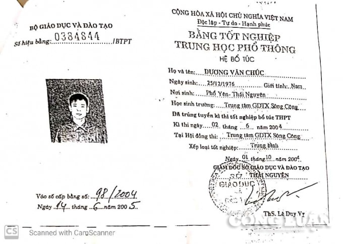 Bằng tốt nghiệp bổ túc THPT của ông Dương Văn Chúc.