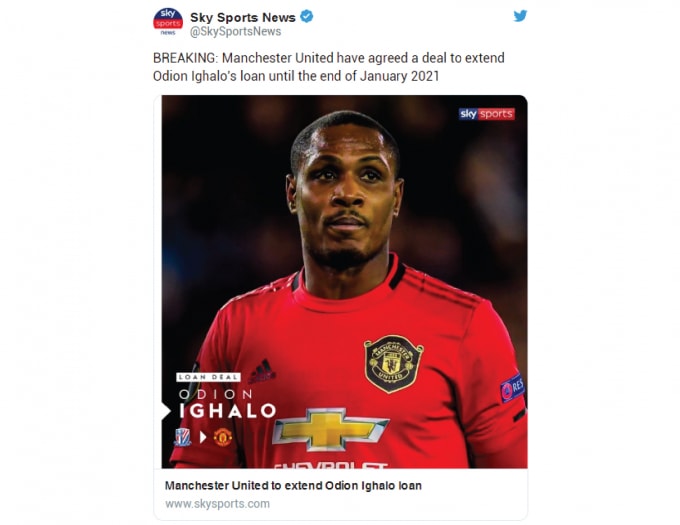 Manchester United vừa xác nhận việc gia hạn hợp đồng cho mượn với tiền đạo Odion Ighalo. Ảnh: twitter