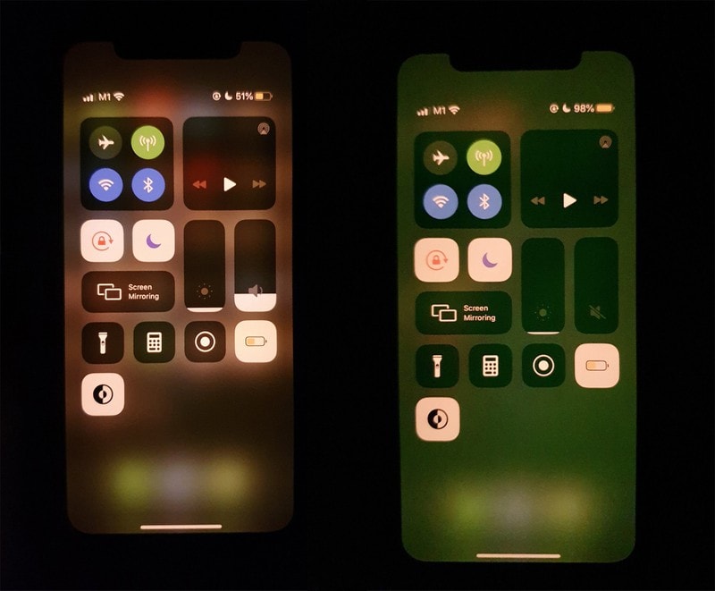 Màn hình màu xanh lục xuất hiện ở chiếc iPhone bên phải. Ảnh: macrumors