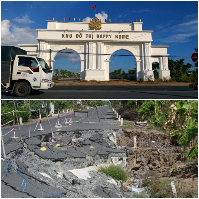 Cánh cổng Dự án khu đô thị Happy Home ở trên và Tuyến đường BT Tắc Thủ - Vàm Đá Bạc đang trong tình trạng sụt lún ở dưới. Ảnh: TS