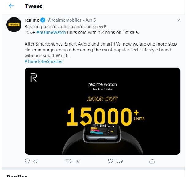 Hơn 15.000 chiếc Realme Watch đã được bán ra tại Ấn Độ trong đúng 2 phút đầu tiên mở bán.