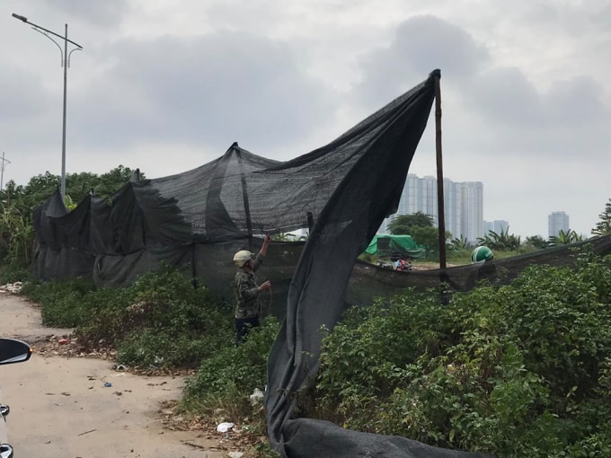 Công nhân lắp bạt che chắn bên ngoài
