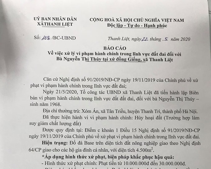 báo cáo về xử phạt vi phạm hành chính của UBND xã Thanh Liệt