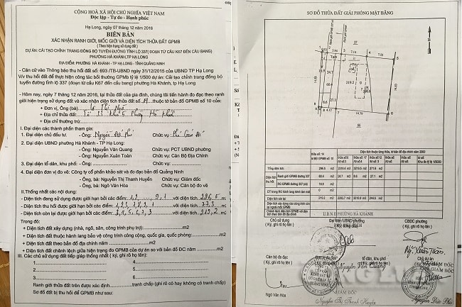Biển bản xác nhận ranh giới, mốc giới, diện tích thửa đất GPMB không có chữ ký của bà Ngà, đại diện tổ dân phố.