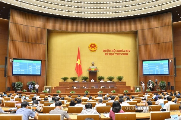 Toàn cảnh phiên biểu quyết Luật sửa đổi, bổ sung một số điều của Luật Phòng, chống thiên tai và Luật Đê điều, sáng 17/6. Ảnh: quochoi.vn