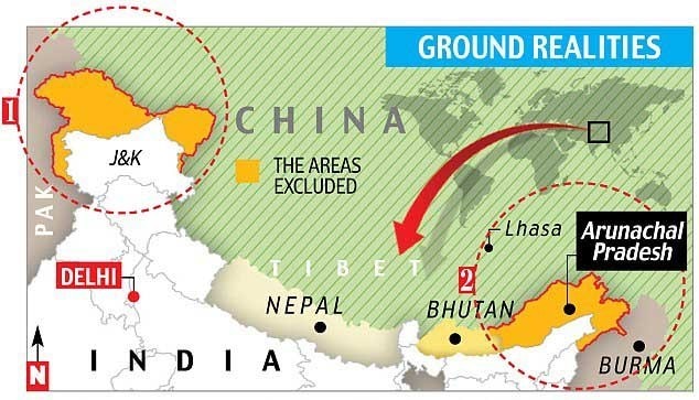 Biên giới biên giới Ấn Độ-Trung Quốc, từ Jammu và Kashmir ở phía tây đến Arunachal Pradesh ở phía đông - Bản đồ: Tibet Review
