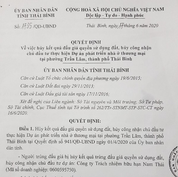 Quyết định hủy bỏ kết quả đấu giá quyền sử dụng 128 lô đất.