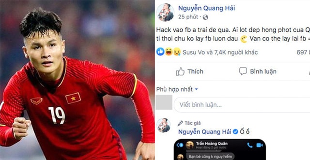 Ảnh chụp màn hình tài khoản facebook của Quang Hải bị hack vào sáng ngày 23/6. Ảnh: T.L