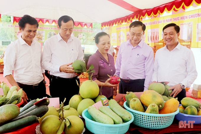 Các đồng chí lãnh đạo tỉnh, huyện Đức Thọ, Văn phòng Điều phối NTM tỉnh xem gian hàng trưng bày sản phẩm nông nghiệp, nông thôn tiêu biểu của huyện Đức Thọ.