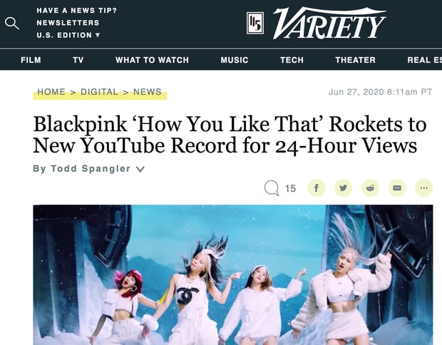 YouTube xác nhận thông qua Variety về kỷ lục của BLACKPINK.