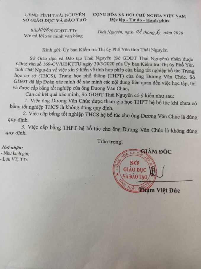 Văn bản của Sở GD&ĐT tỉnh Thái Nguyên.