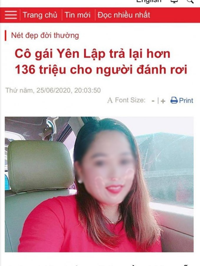 Cô gái dựng chuyện 'trả lại hơn 136 triệu đồng' để được nổi tiếng. Ảnh trên báo.
