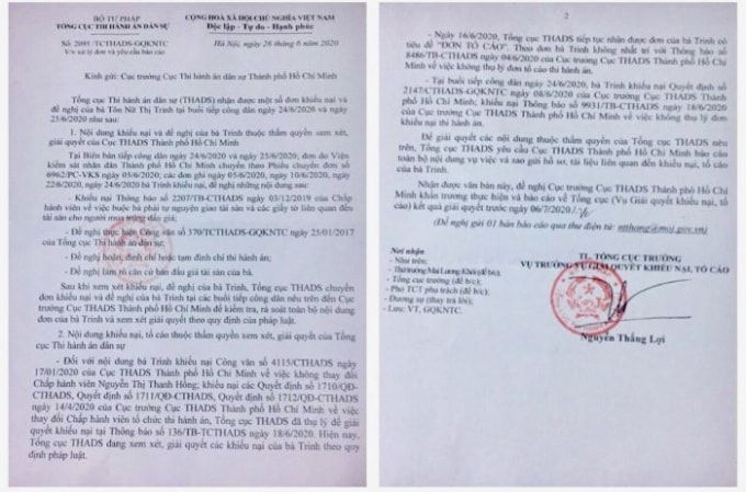 Văn bản ngày 26/6/2020 của Tổng cục THADS yêu cầu Cục trưởng Cục THADS TP.HCM báo cáo toàn bộ nội dung vụ việc và khẩn trương thực hiện, báo cáo kết quả giải quyết khiếu nại, tố cáo