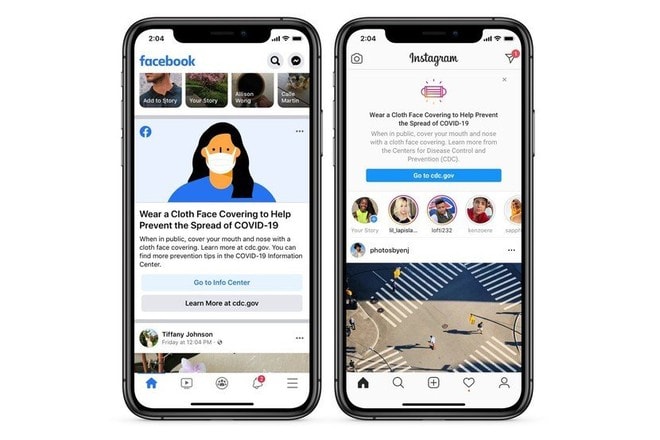 Facebook và Instagram sử dụng biểu ngữ để nhắc nhở mọi người đeo khẩu trang.