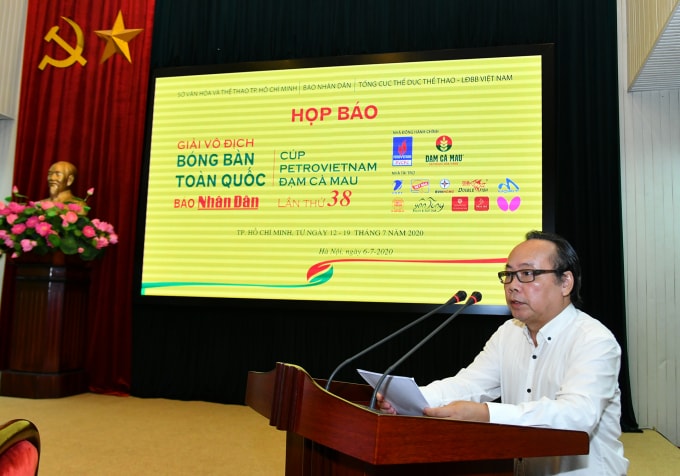 Ông Trần Gia Thái - Chủ tịch Liên Đoàn Bóng bàn Việt Nam phát biểu tại Họp báo. Ảnh: Duy Linh