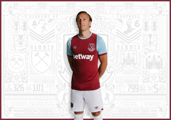Đội trưởng West Ham - Mark Noble trong trang phục thi đấu mới ở mùa giải 2020 - 2021 của đội bóng.