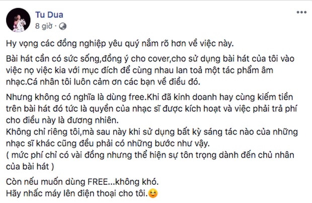 dòng trạng thái của nhạc sĩ Tú Dưa