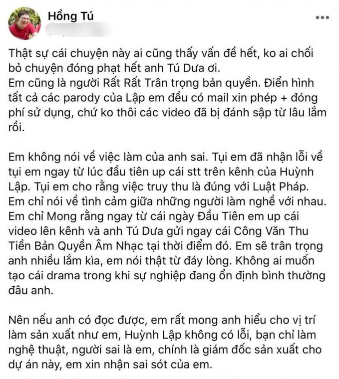Hồng Tú lên tiếng nhận sai sót về mình