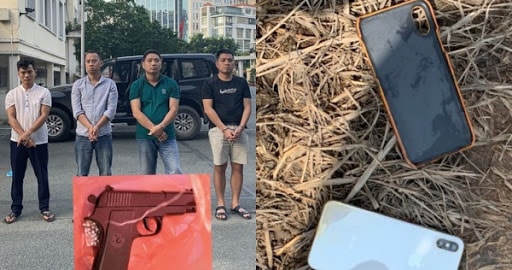 Các đối tượng bị bắt giữ cùng hung khí gây án. Ảnh: TL.
