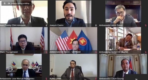 Đại sứ Hà Kim Ngọc cùng Đại sứ, Đại biện các nước ASEAN trao đổi trực tuyến với Hạ nghị sỹ Joaquin Castro về củng cố quan hệ ASEAN - Hoa Kỳ