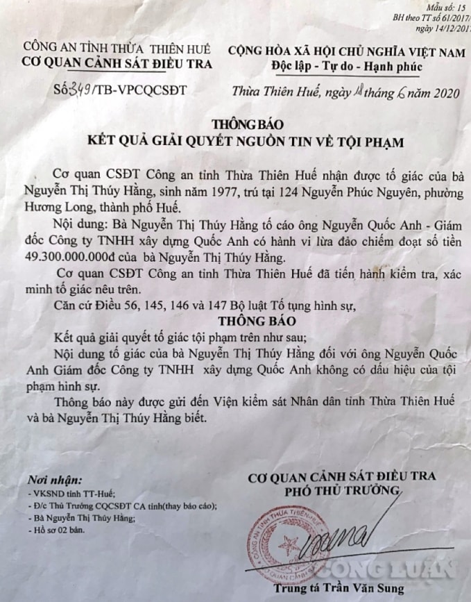 Thông báo kết quả giải quyết nguồn tin về tội phạm của CQCSĐT Công an tỉnh Thừa Thiên Huế (Ảnh: Cái Văn Long).