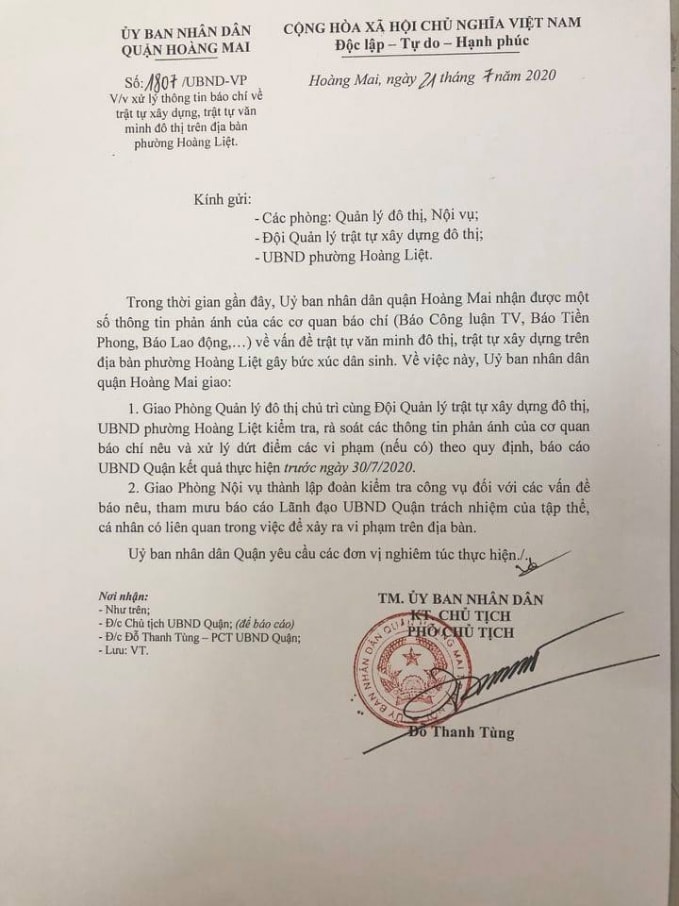 Văn bản số 1807/UBND– VP do Phó Chủ tịch UBND quận Hoàng Mai Đỗ Thanh Tùng ký về việc xử lý thông tin báo chí