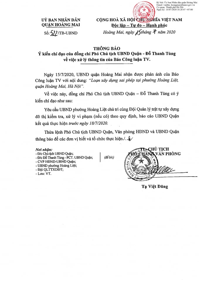Thông báo số 522/TB - UBND thực hiện ý kiến chỉ đạo của đồng chí Phó Chủ tịch UBND quận Đỗ Thanh Tùng.