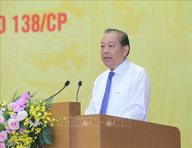 Phó Thủ tướng Thường trực Chính phủ Trương Hòa Bình, Trưởng Ban Chỉ đạo 138 Chính phủ (138/CP) về phòng, chống tội phạm và Ban Chỉ đạo 389 quốc gia về chống buôn lậu, gian lận thương mại và hàng giả phát biểu khai mạc Hội nghị. Ảnh: Doãn Tấn/TTXVN