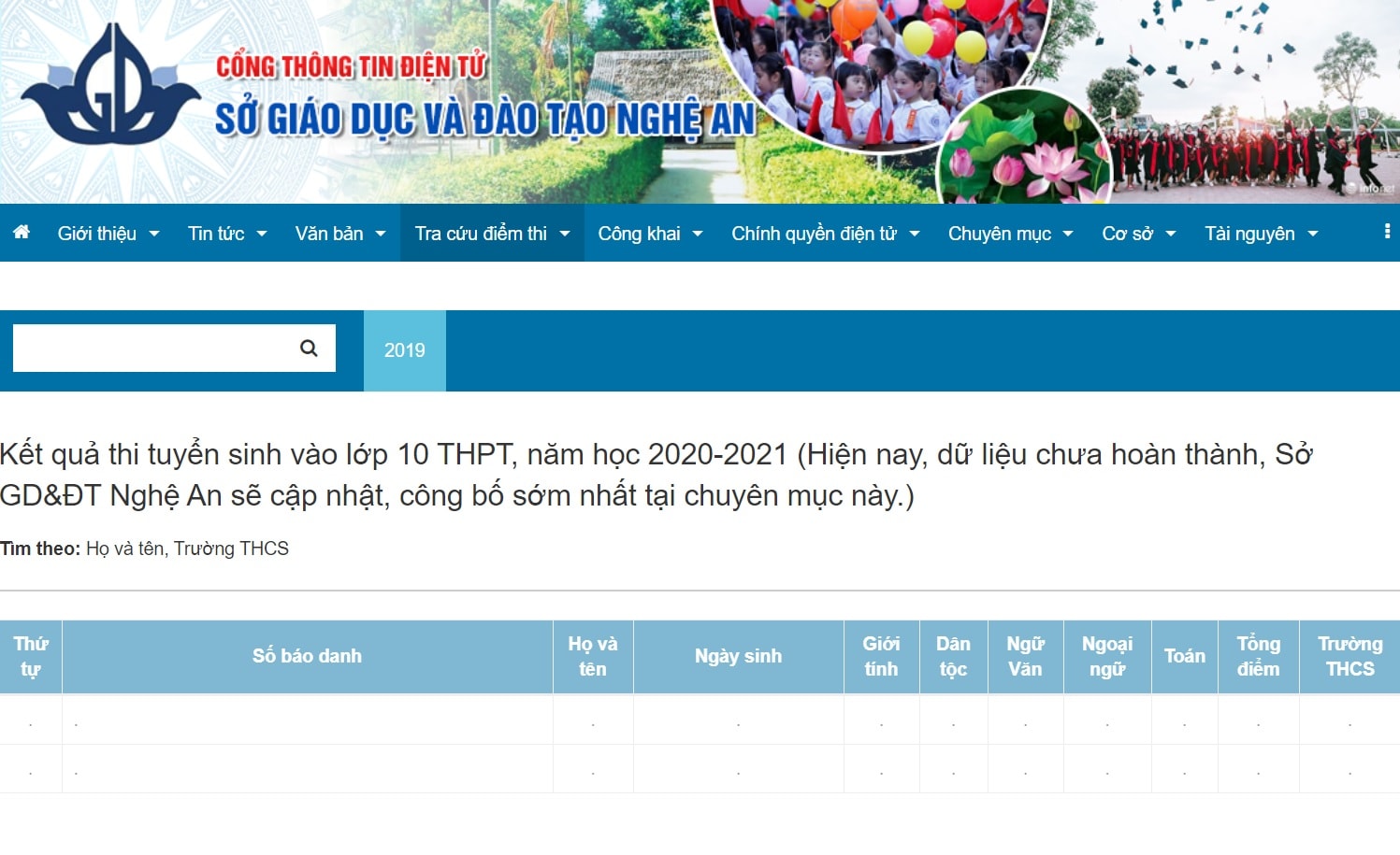Có thể tra cứu điểm thi miễn phí tại website của Sở GD&ĐT Nghệ An. Ảnh: internet.