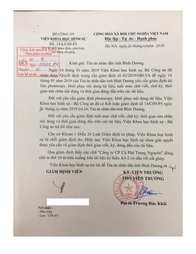 Thông báo Kết luận giám định của Viện Khoa học Hình sự