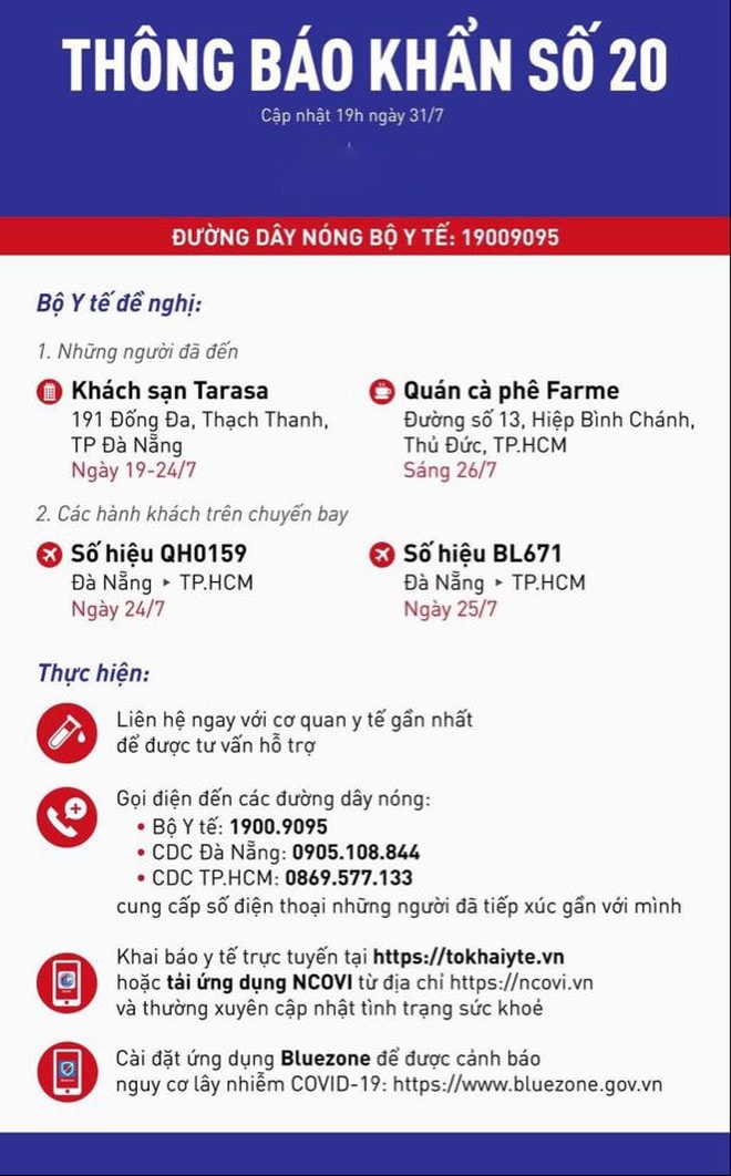 Thông báo khẩn cấp số 20 của Bộ Y tế. Ảnh: internet.