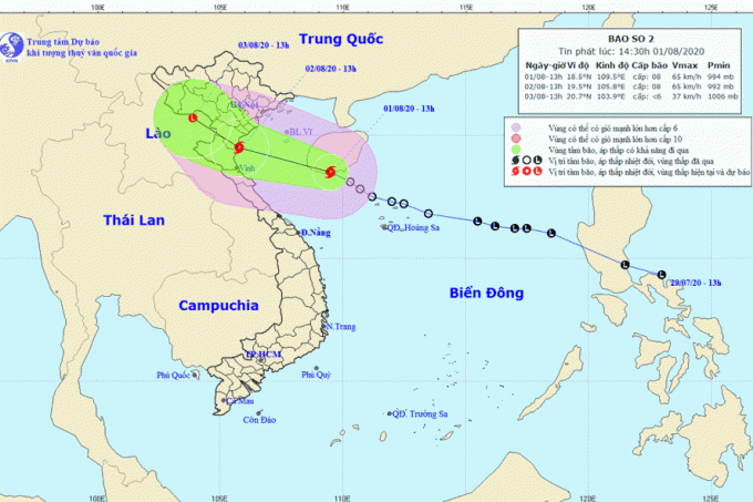 Đường đi của bão số 2. Ảnh: nchmf.gov.vn