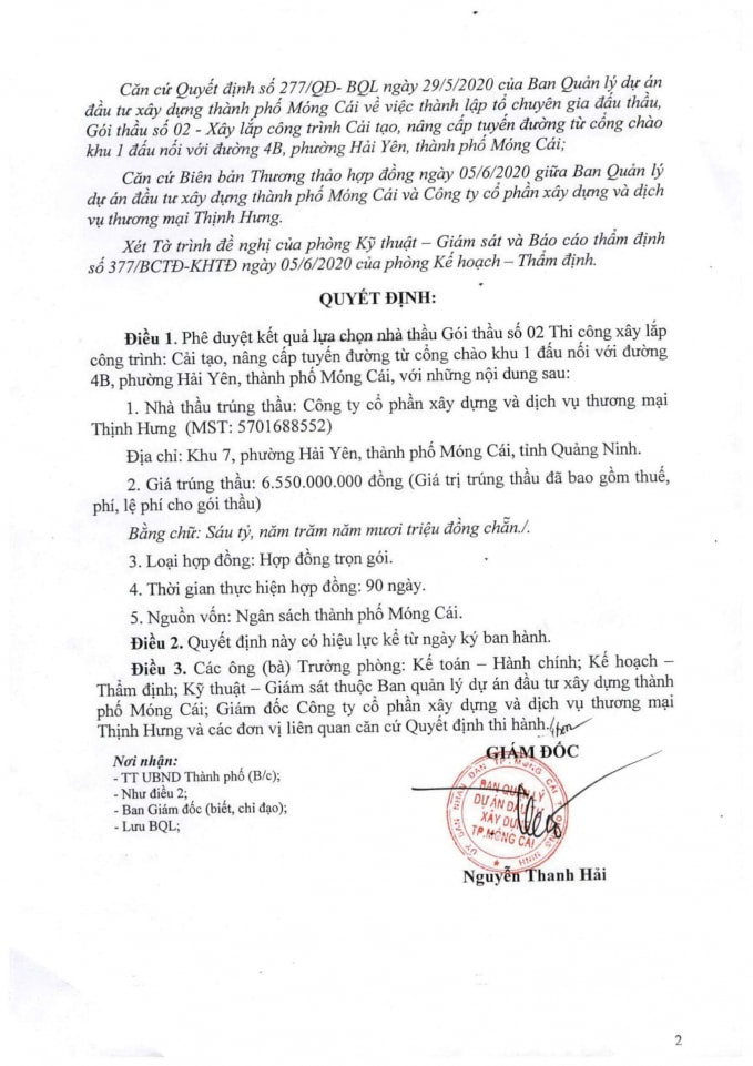 Một gói thấu do ông Nguyễn Thanh Hải - tân giám đốc ban QLDA kí quyết định phê duyệt kết quả trúng thầu
