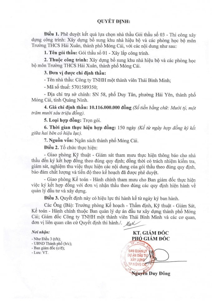 BQL dự án Thành phố Móng Cái chỉ định thầu gói thầu số 03 xây dựng bổ sung nhà hiệu bộ và các phòng học bộ môn Trường THCS Hải Xuân