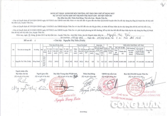 Theo bảng ký nhận kinh phí bồi thường thì bà Nguyễn Thị Tiến (Tuất) sẽ nhận được số tiền hơn 100 triệu đồng. Nhưng thực tế bà chỉ nhận được 100.000 đồng.