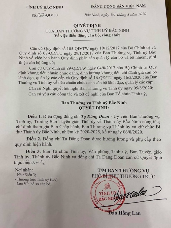 Ban thường vụ Tỉnh ủy Bắc Ninh quyết định điều động ông Tạ Đăng Đoan, Ủy viên Ban thường vụ, Trưởng Ban Tuyên giáo Tỉnh ủy Bắc Ninh làm Bí thư Thành ủy Bắc Ninh.