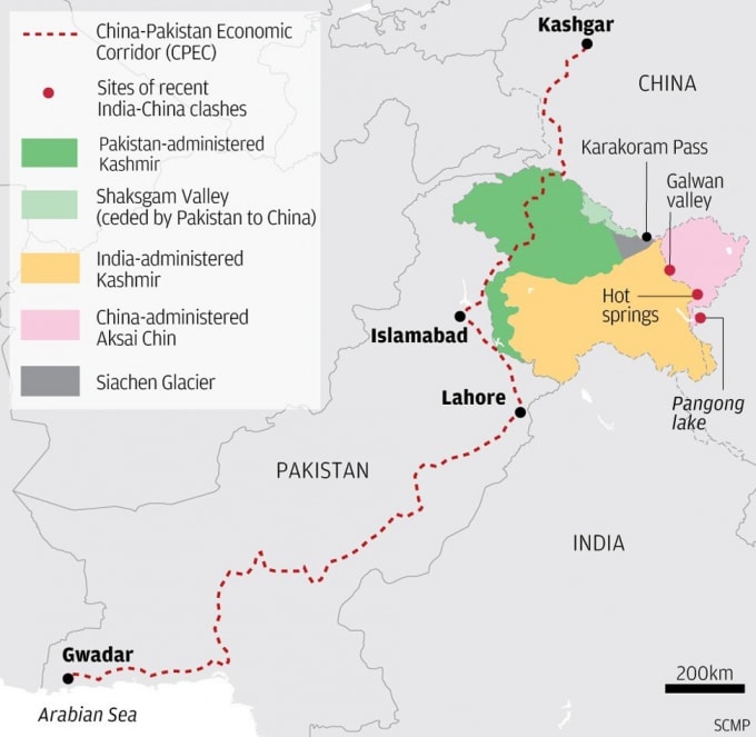 Một bản đồ mô tả Hành lang kinh tế Trung Quốc-Pakistan và khu vực Kashmir - Hình: SCMP