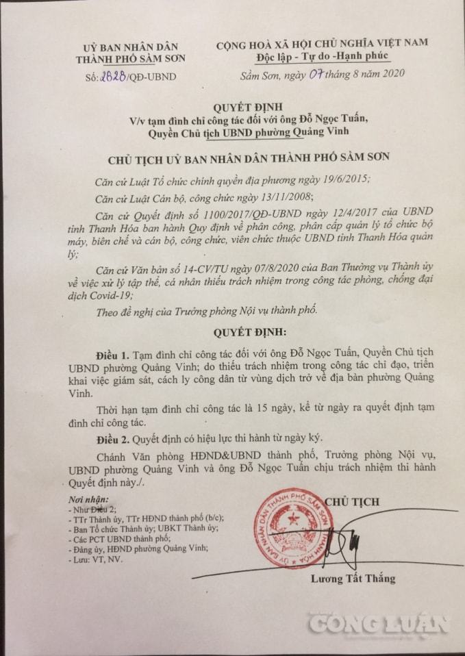 Tạm đình chỉ công tác đối với ông Đỗ Ngọc Tuấn, Quyền Chủ tịch UBND phường Quảng Vinh