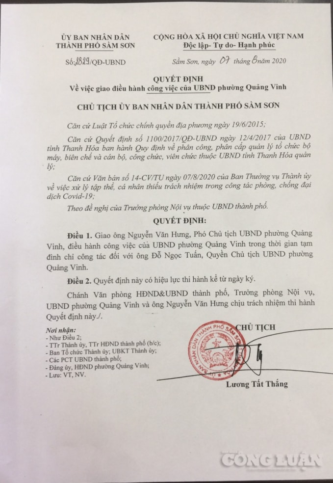 Giao Phó Chủ tịch UBND phường điều hành công việc trong thời gian 15 ngày tới