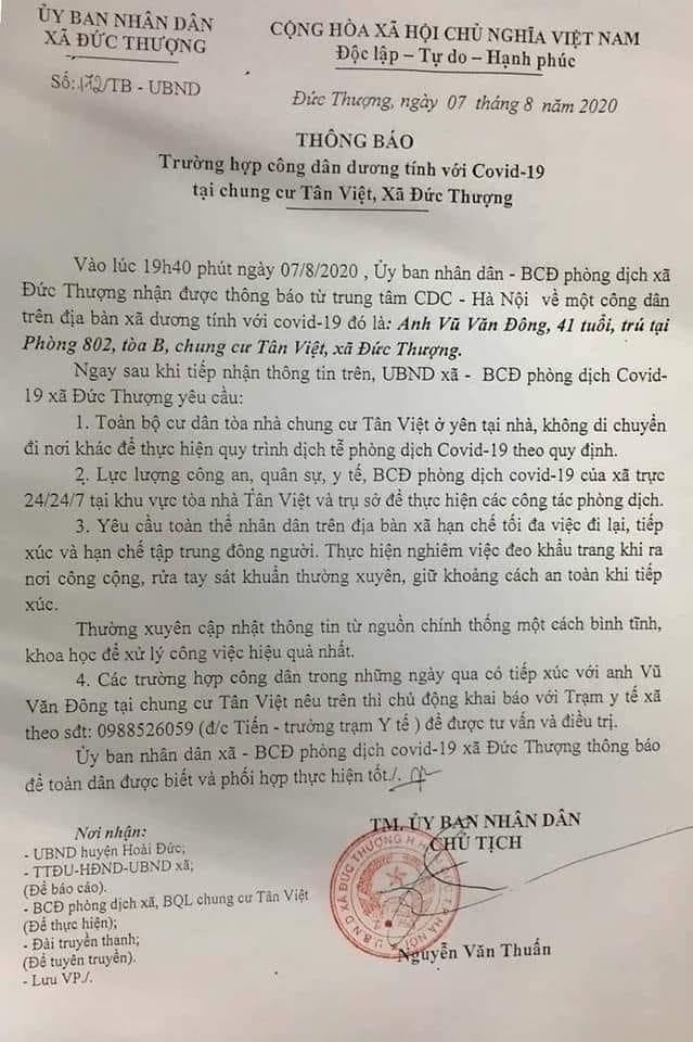 UBND xã Đức Thượng (huyện Hoài Đức) yêu cầu toàn bộ cư dân ở yên tại nhà, không di chuyển đi nơi khác, phòng chống dịch bệnh lây lan