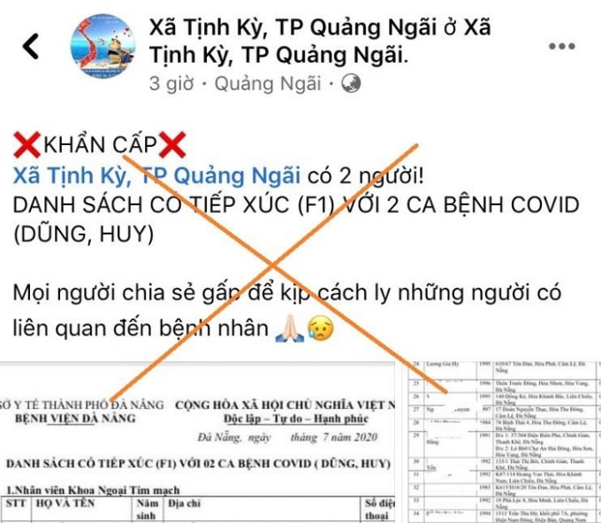 Fanpage “Xã Tịnh Kỳ, TP Quảng Ngãi” do N. Q. Đ làm chủ đăng tự ý đưa thông tin cá nhân người khác gây hoang mang dư luận.