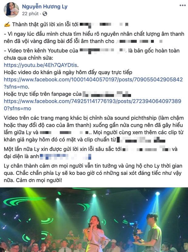 Hương Ly xin lỗi