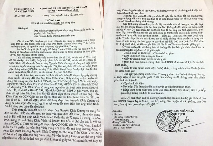 Ngày 5/6/2020, UBND xã Cương Gián đã có Thông báo số 13/TB-UBND về kết quả giải quyết kiến nghị của công dân.