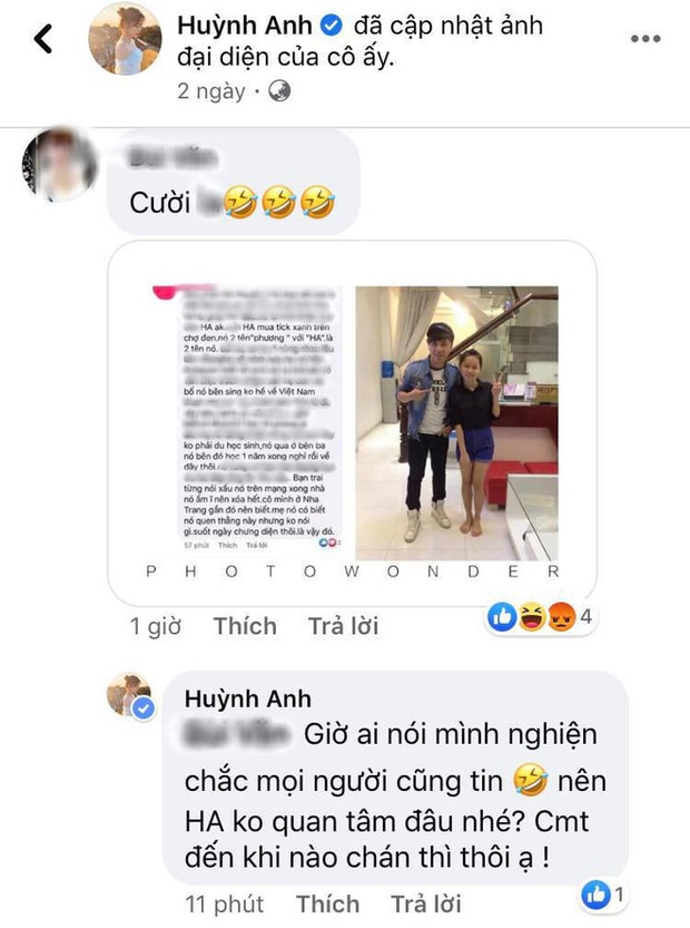 Một bình luận được đăng tải dưới bài đăng của Huỳnh Anh trên trang cá nhân. Ảnh: internet.