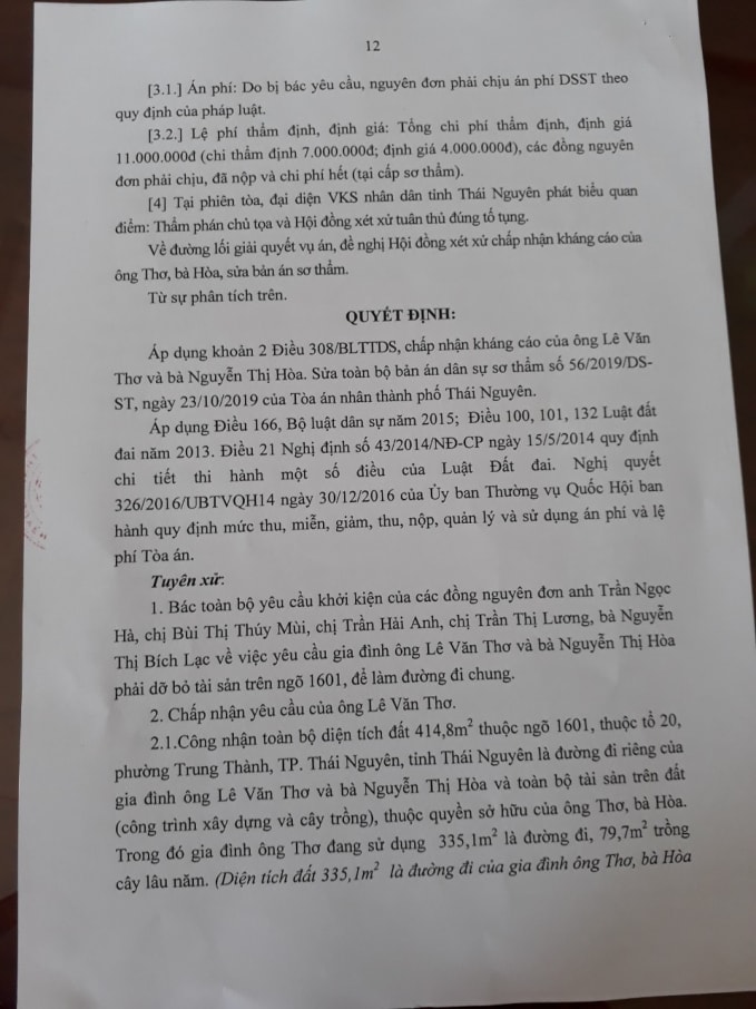 1 phần quyết định của bản án Phúc thẩm do TAND Tỉnh Thái Nguyên tuyên ngày 29/5/2020. Ảnh: Hữu Phương