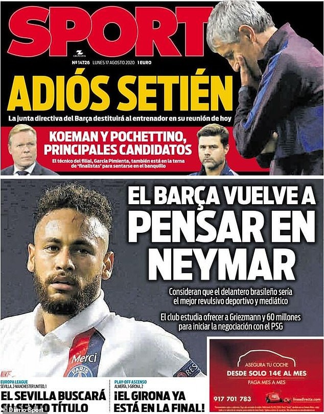 Trước đó, HLV Quique Setien bị sa thải, đồng thời Barca cũng “tái hợp” Neymar. Ảnh: internet.
